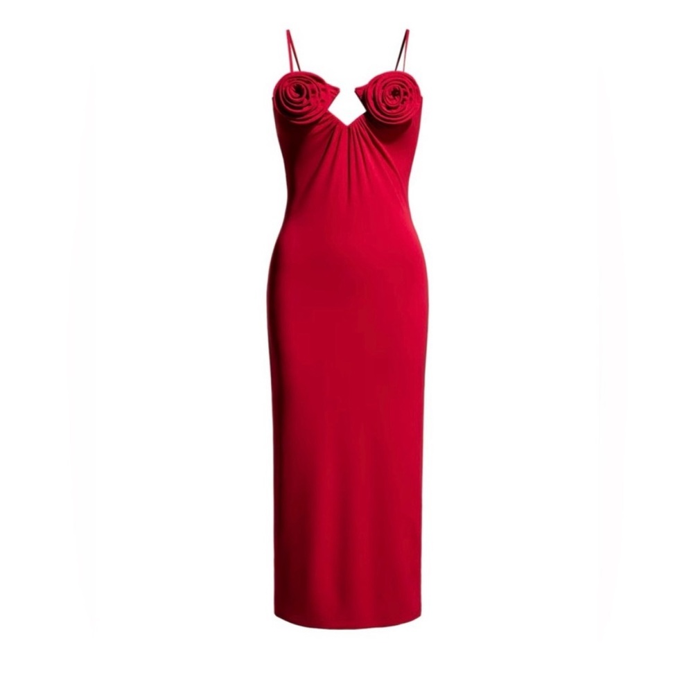 Red spaghetti straps dress with floral accents